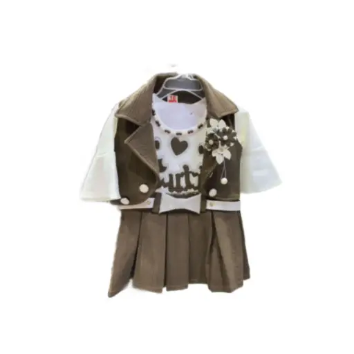 Girls’ 3-Piece Fashion Set – White Top, Textured Vest & Pleated Skirt with Floral Brooch