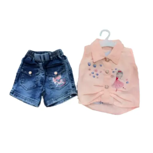 Girls’ Peach Sleeveless Top & Denim Shorts Set – Embroidered Doll Design